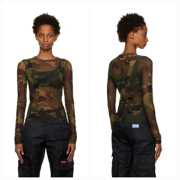 HERON PRESTONGreen Camo Long Sleeve Mesh  Top XS NWT - Picture 1 of 14